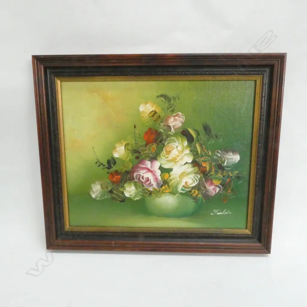 STILL LIFE  OIL ON BOARD FLOWERS SIGNED FIELDS L. 310MM Image 1++