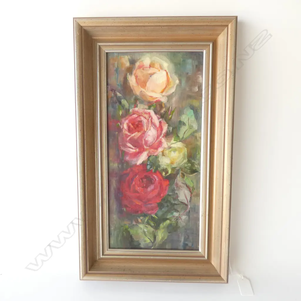 A.HUTTON, ROSES, OIL ON CANVAS, SIGNED & DATED, 390 X 180MM Image 1++