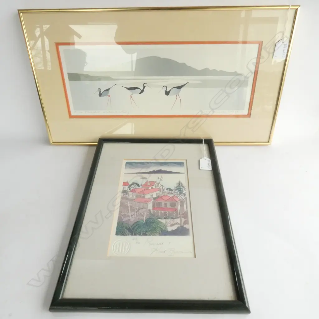 KATE BURROWS 'PARNELL II' ETCHING ED. 22/80 + MALCOLM WARR SCREENPRINT 'PIED STILTS...' 75/160 400 X 150MM  Image 1++