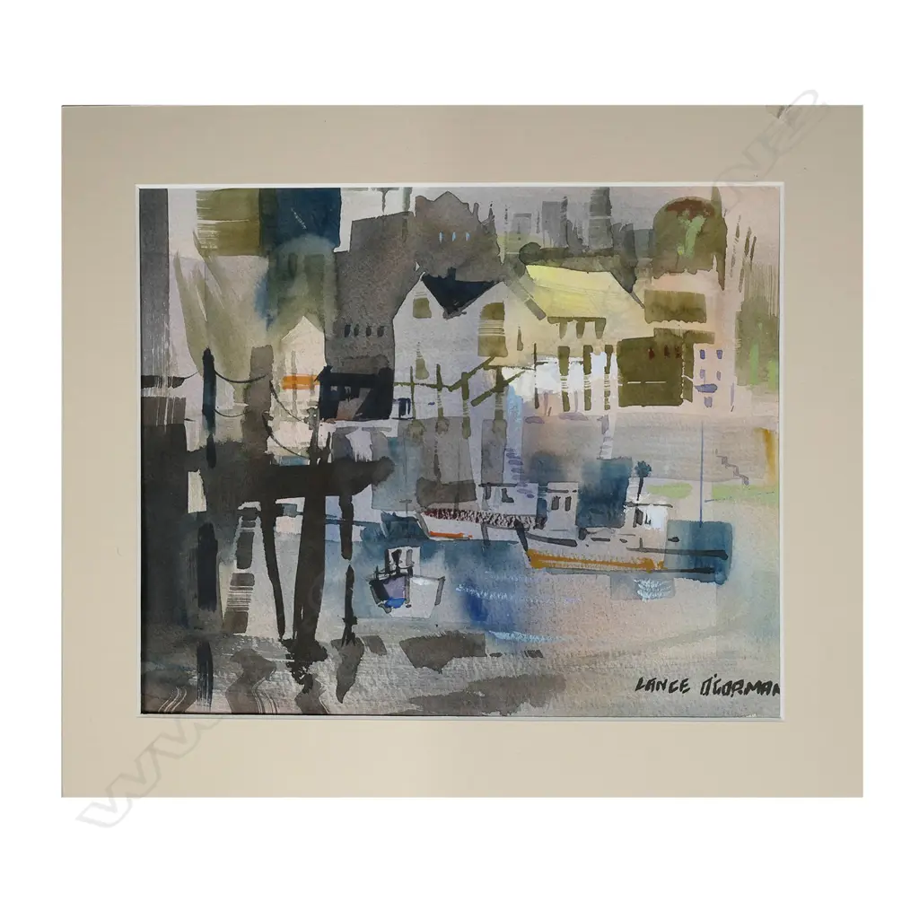 LANCE O'GORMAN, CITY HARBOUR SCENE, SIGNED, 190 X 240MM Image 1++
