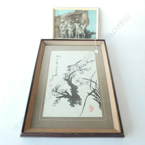 FRAMED WW2 PHOTO & ORIENTAL BIRD PAINTING