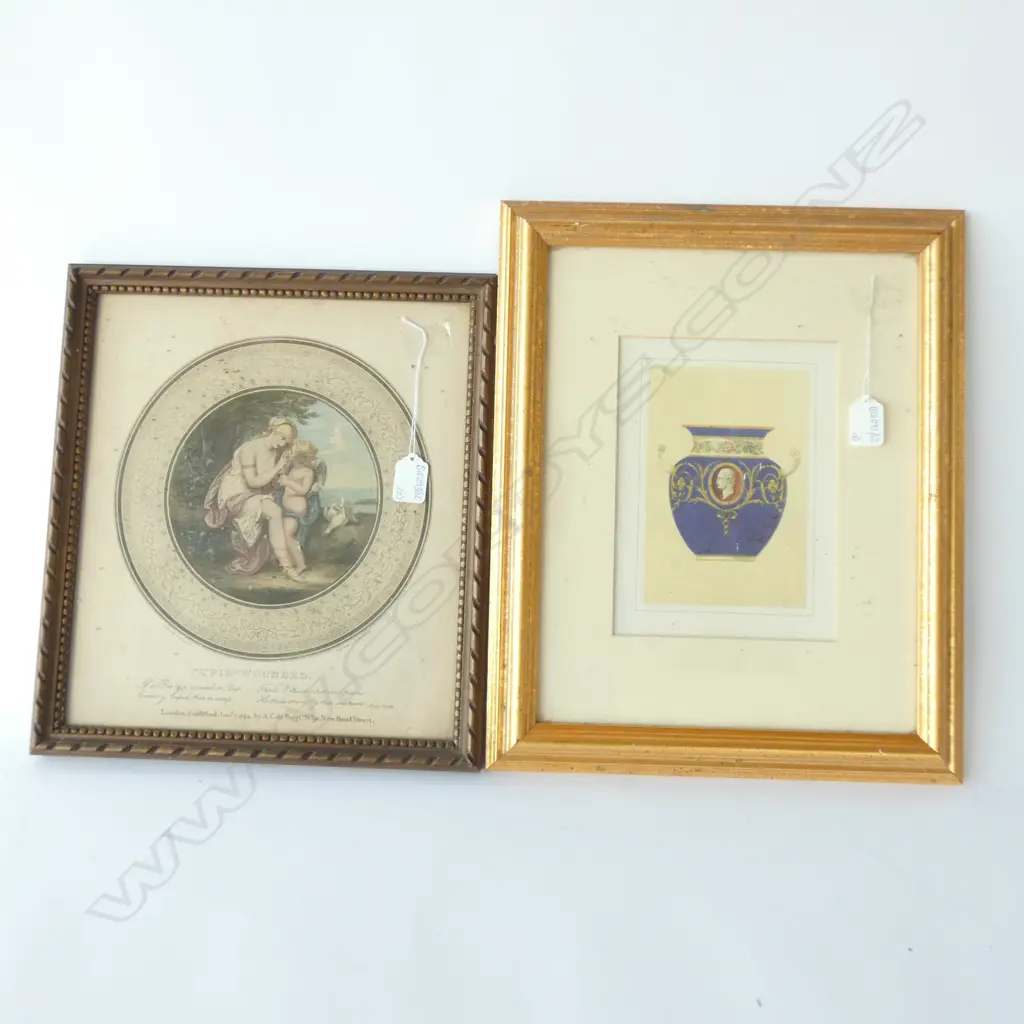 FRAMED PRINT OF A CLASSICAL URN + CUPID WOUNDED COLOURED ENGRAVING  330 X 270 MM Image 1++