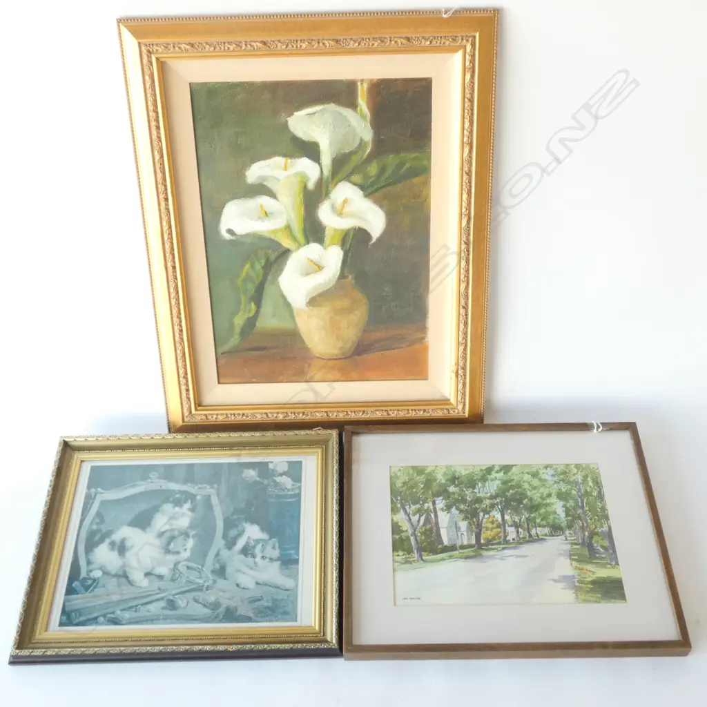 3 FRAMED PAINTINGS; OIL ON BOARD, ( 490 X 355MM), WATER COLUR & ONE VTG CAT PRINT. Image 1++