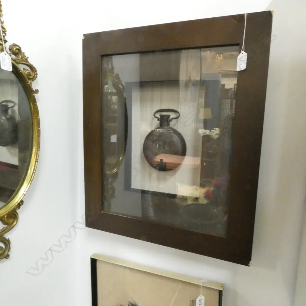 FRAMED BRASS ORIENTAL PILGRIM FLASK (110 X 150MM) & ORIENTAL HORSE INK SKETCH  (540 x 370mm) Image 1++