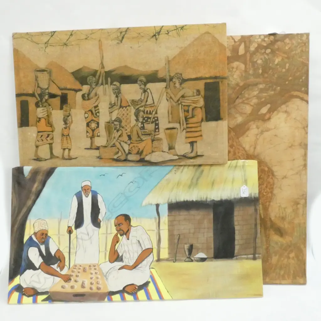THREE AFRICAN THEMED PAINTINGS ON COTTON, GIRAFFES ETC. (LARGEST 560 X 810MM) Image 1++