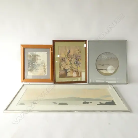 4 ARTWORKS; TONY LEAHY 'RANGITOTO' 32/175, FLORAL WC, WC, MIXED MEDIA AF