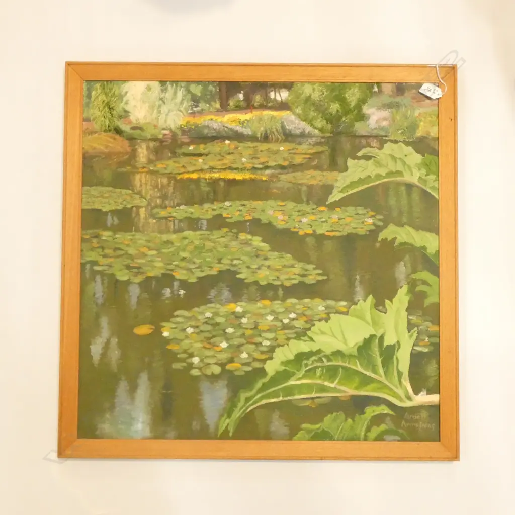 ARDELL ARMSTRONG (AUST. 1918 - 2019) 'THE LILY POOL - HOBART BOTANICAL GARDENS' OIL ON CANVAS 1976 600MM SQ Image 1++