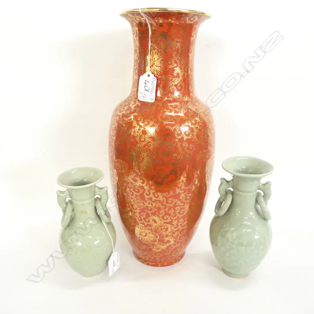 PAIR CELADON STYLE VASES (H.165M) & LGE ORANGE & GOLD ORIENTAL VASE (H.370MM) Image 1++