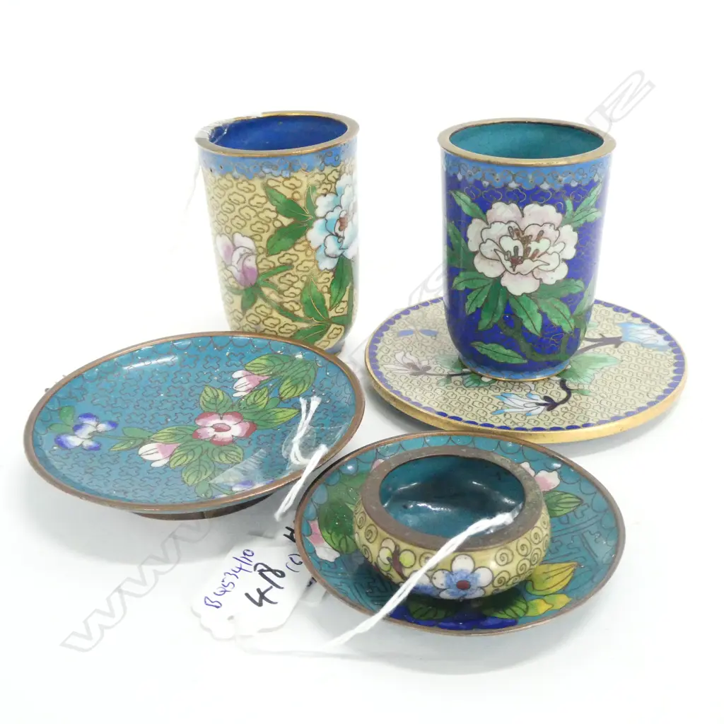 2 CLOISONNE BEAKERS/ 3 SMALL DISHES+ SMALL BOWL H 80 MM Image 1++