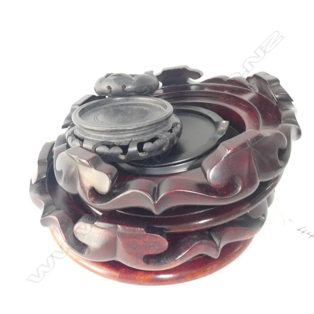 SIX ASSORTED ORIENTAL ROUND WOODEN VASE STANDS. LARGEST DIA. 210MM Image 1++