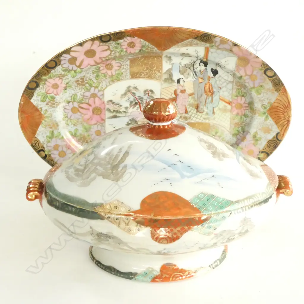 EARLY 20thC JAPANESE LIDDED TUREEN & PLATE L. 395MM Image 1++