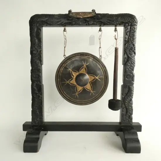 VINTAGE TIBETIAN GONG ON CARVED STAND 