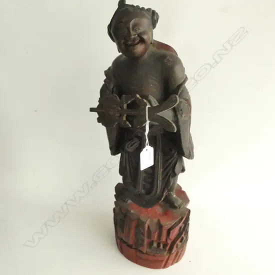 19thC CARVED & LACQUERED ORIENTAL FIGURE DARK RED & BLACK