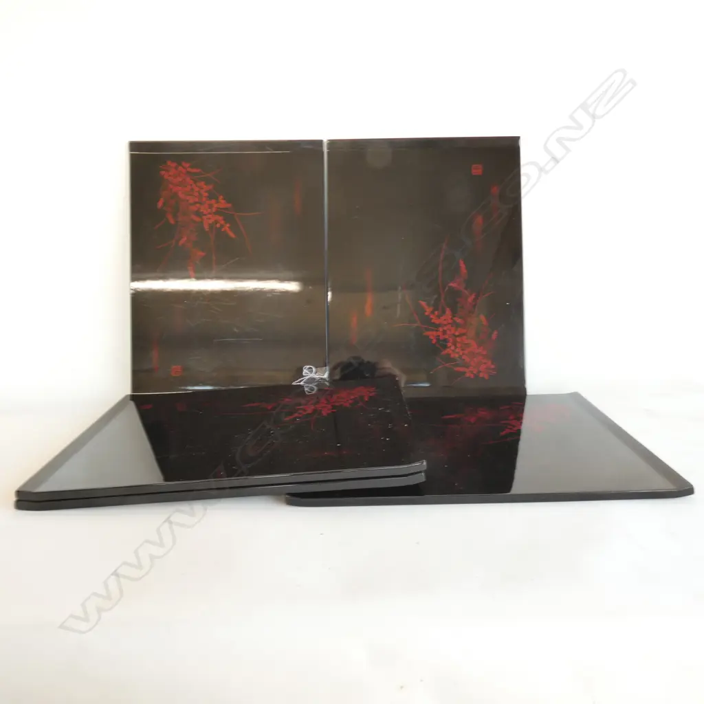 FIVE ORIENTAL BLACK & RED LACQUER TRAYS, 380 X 280MM Image 1++