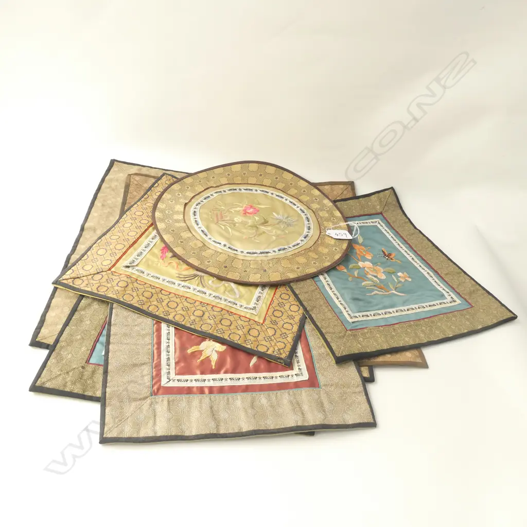 SEVEN ASSORTED CHINESE SILK EMBROIDERED PLACE MATS. LARGEST  350 X 350MM Image 1++