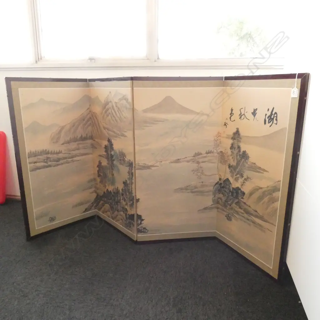 VINTAGE ORIENTAL SCREEN 4 FOLD EXT. COASTAL SCENE Image 1++