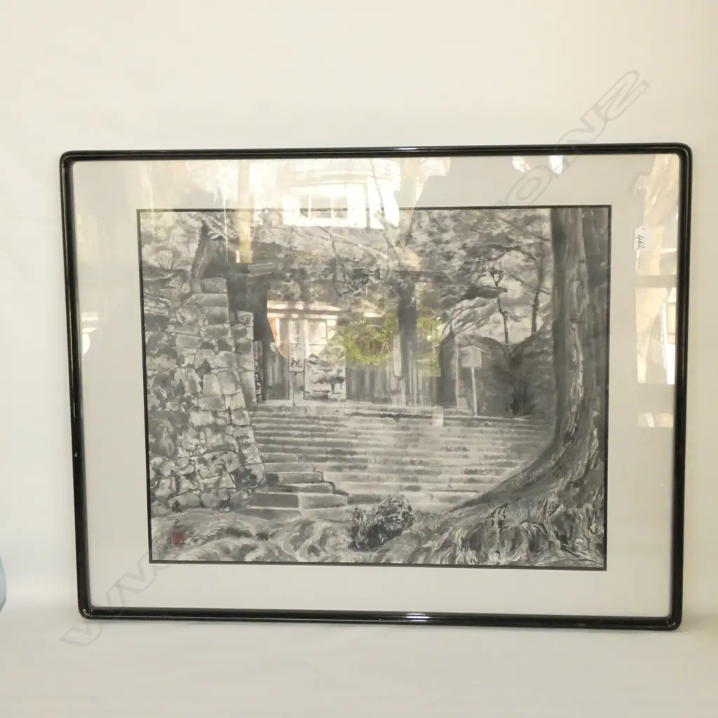 ORIENTAL MONCHROME W/C TEMPLE STEPS. FRAMED Image 1++