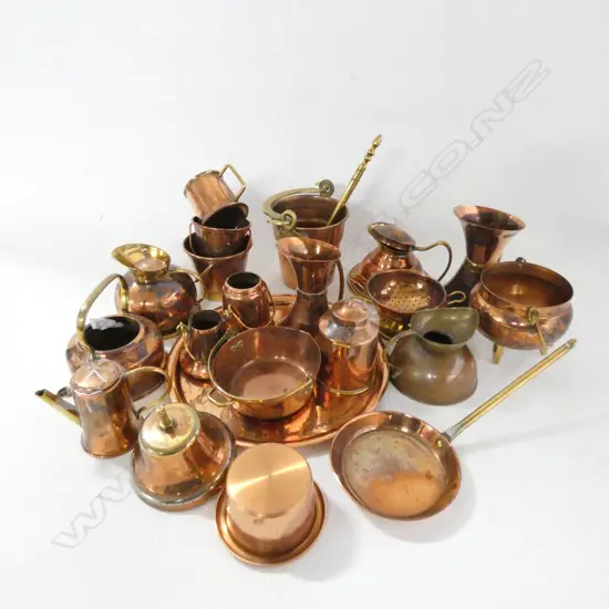 SM. BOX LOT MINIATURE COPPER JUGS, BOWLS, COLENDAR, ETC.