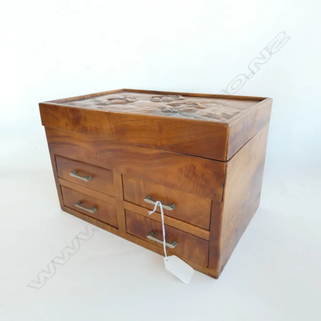 HARDWOOD SEWING BOX, CARVED 3 WISE MONKEYS ON LID. 270 X 180 X 170MM Image 1++