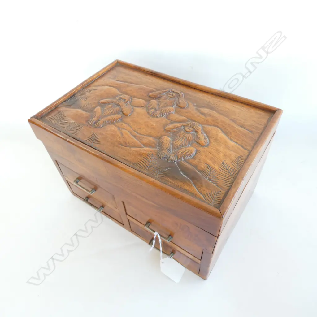 HARDWOOD SEWING BOX, CARVED 3 WISE MONKEYS ON LID. 270 X 180 X 170MM Image 1++