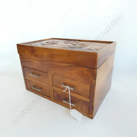 HARDWOOD SEWING BOX, CARVED 3 WISE MONKEYS ON LID. 270 X 180 X 170MM