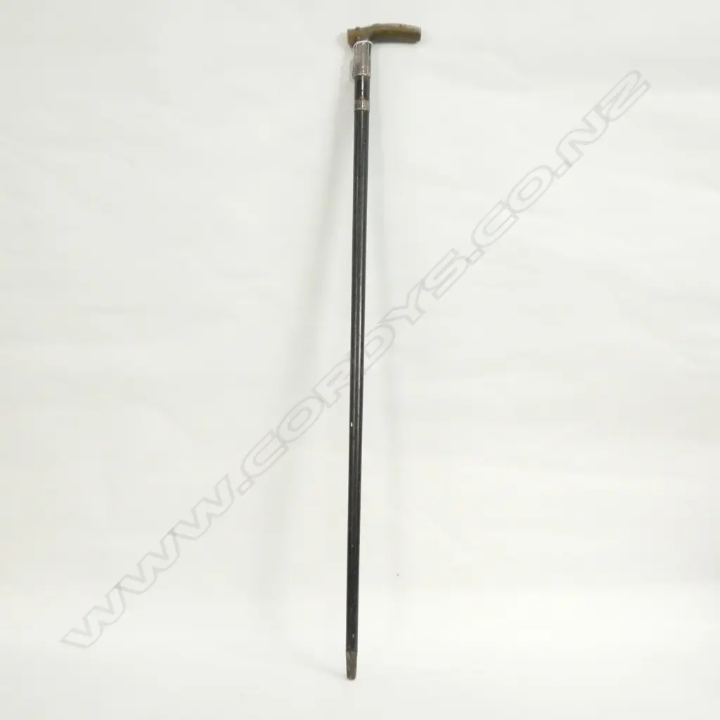 ANTIQUE WALKING STICK 1893 MONOGRAMED “JWR" WITH STG SIL BANDS AND CARVED HORN HANDLE Image 1++