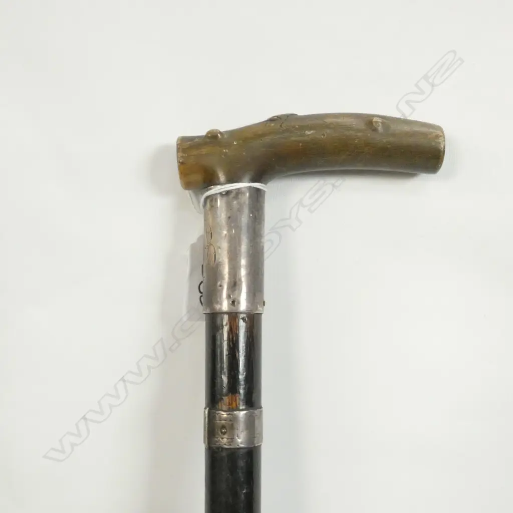 ANTIQUE WALKING STICK 1893 MONOGRAMED “JWR" WITH STG SIL BANDS AND CARVED HORN HANDLE Image 1++