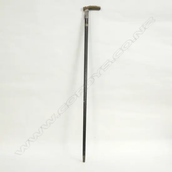 ANTIQUE WALKING STICK 1893 MONOGRAMED “JWR" WITH STG SIL BANDS AND CARVED HORN HANDLE