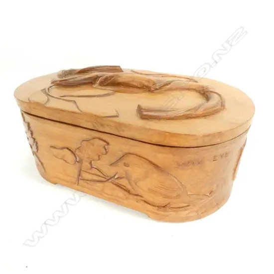 FOLK ART CARVED WOODEN KIWIANA BOX L. 260MM