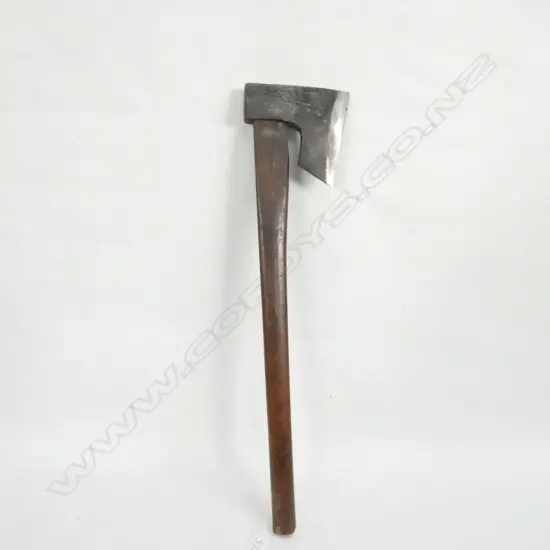OLD JAPANESE HAND FORGED IRON BEARD BLADE AXE, POLISHED HARDWOOD HANDLE, SIGNED. L, 590MM