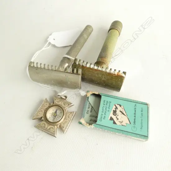 COMPASS, EARLY, PROBABLY WWI, SILVER, 2 VINTAGE RAZORS WITH NEW BLADE - GILLETTE