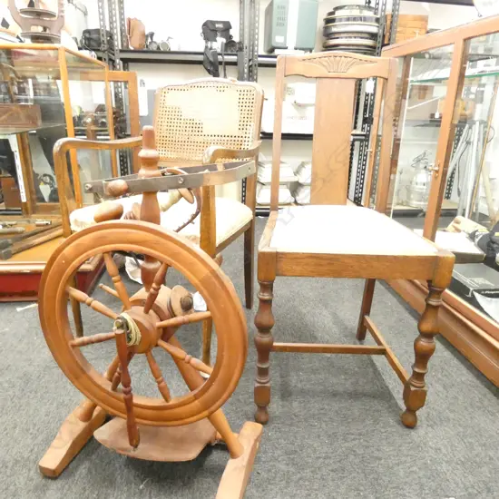 SPINNING WHEEL AND TWO CHAIRS