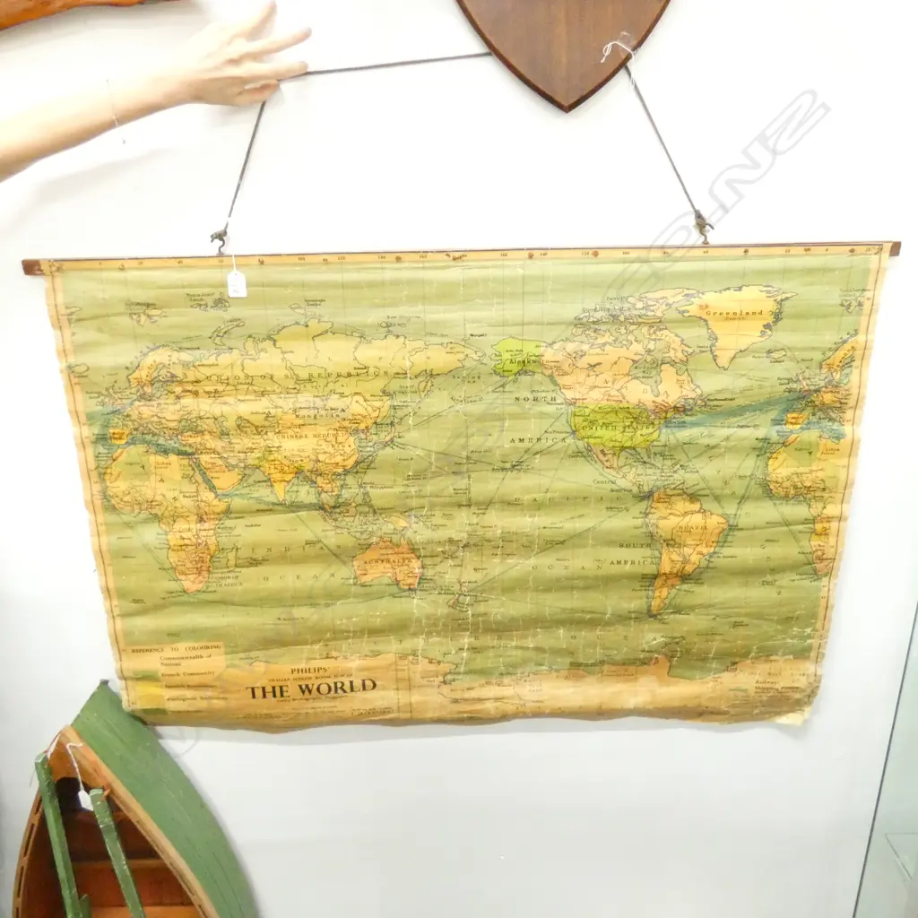 C. 1960 PHILIPS SCHOOL ROOM WORLD MAP W. 1180MM Image 1++