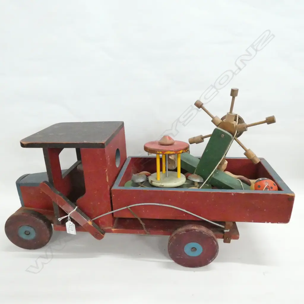 HOME MADE VINTAGE RED DUMP TRUCK L. 700MM + 3 OTHER TOYS AF Image 1++
