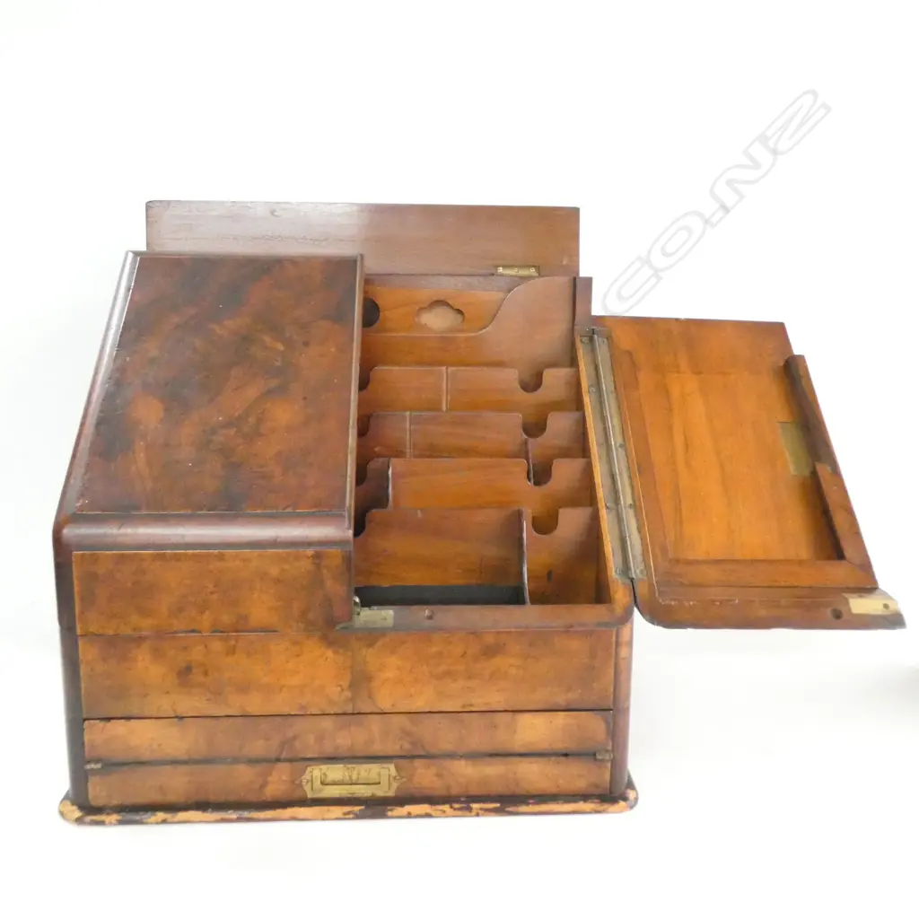 VICTORIAN PERIOD WALNUT WRITING COMPENDIUM w FITTED INTERIOR & REMOVEABLE WRITING SLOPE. W.370mm Image 1++