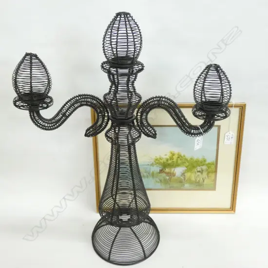 LG BLACK WIRE 3 ARM CANDELABRA H. 550MM & OLD COW WATERCOLOUR C1875 270 X 190MM