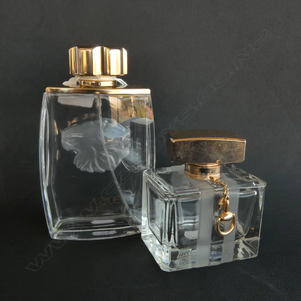 TWO SCENT BOTTLES; LALIQUE & GUCCI BY GUCCI Image 1++