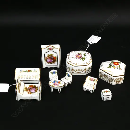 LIMOGES 8-PCE MINIATURE FURNITURE SET & 2 PORCELAIN TRINKET BOXES.