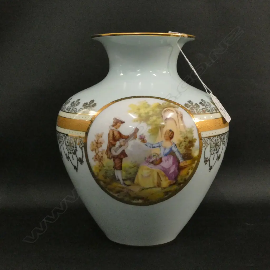 WEST GERMAN JK FRAGONARD STYLE LIGHT BLUE & GOLD VASE, H. 245MM Image 1++
