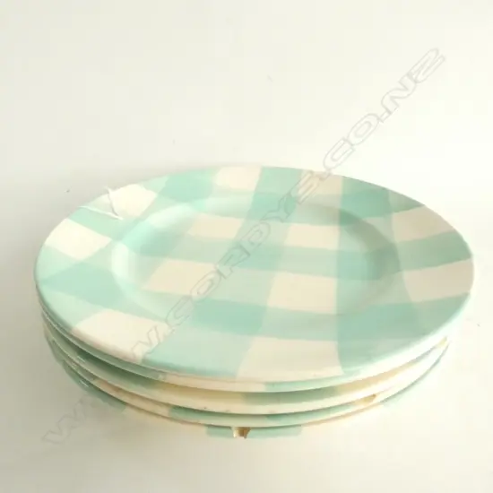 FIVE CROWN LYNN BLUE GINGHAM PLATES DIA. 265MM SOME DAMAGED
