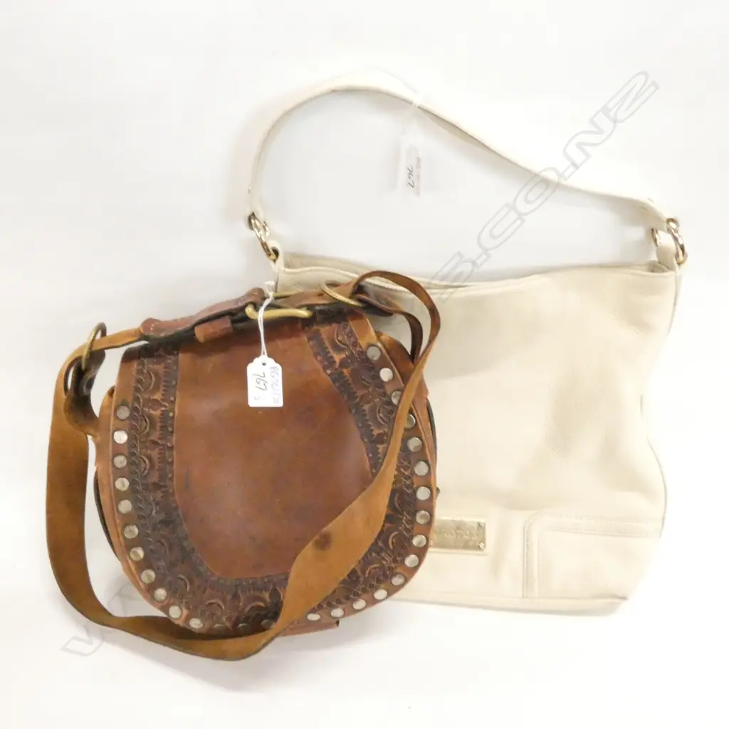 WHITE LEATHER OROTON HAND BAG + TOOLED LEATHER BAG  Image 1++