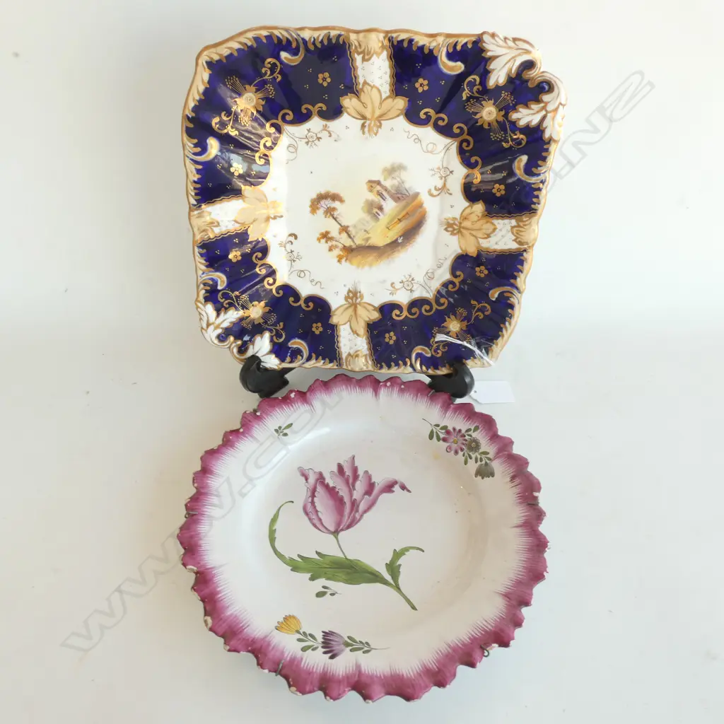 2 ANTIQUE PLATES; 1 PINK RIM WITH FLOWERS (DIA 230MM), 1 COBALT & GOLD SQ. PLATE W. 235MM Image 1++