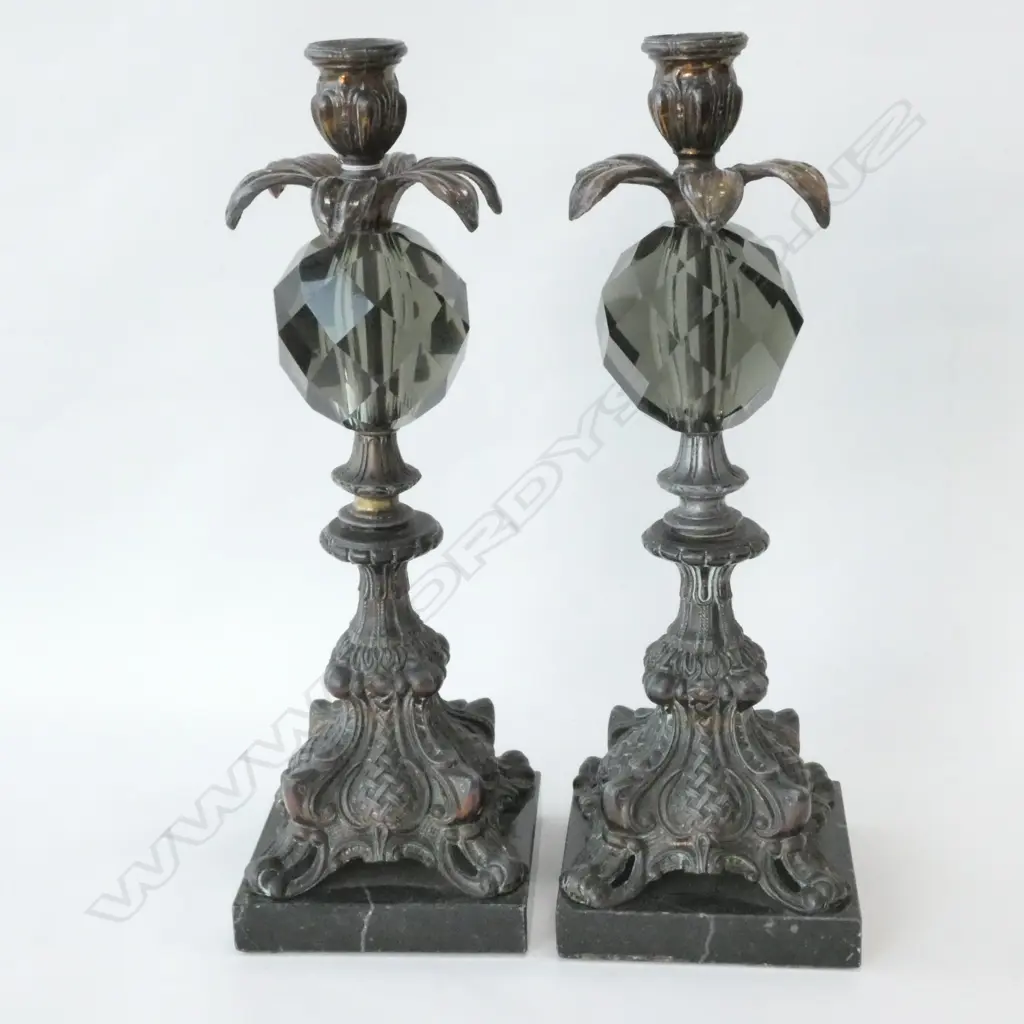 PAIR ORNATE PALM TREE W. CRYSTAL CUT BALL CANDLE HOLDERS Image 1++