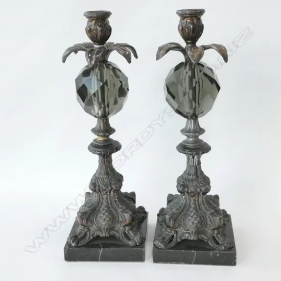PAIR ORNATE PALM TREE W. CRYSTAL CUT BALL CANDLE HOLDERS