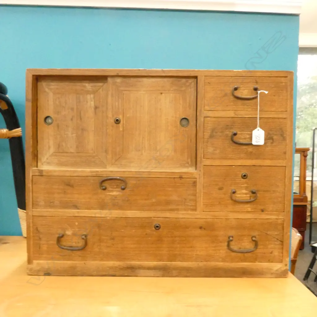 VINTAGE JAPANESE SMALL PALE WOOD CHEST H. 460MM W. 590MM Image 1++