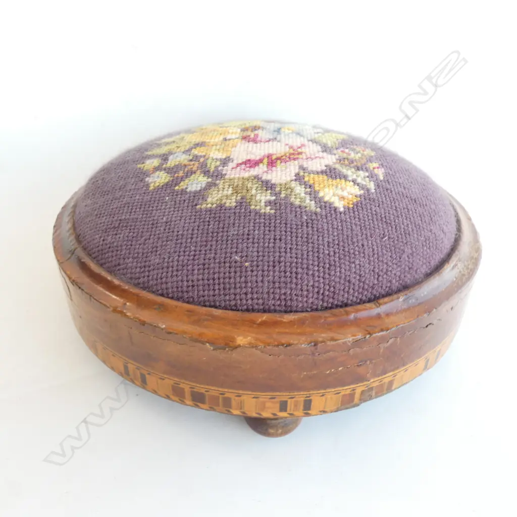 PURPLE TAPESTRY FOOTSTOOL, MARQUETRY BASE, DIA. 270MM Image 1++