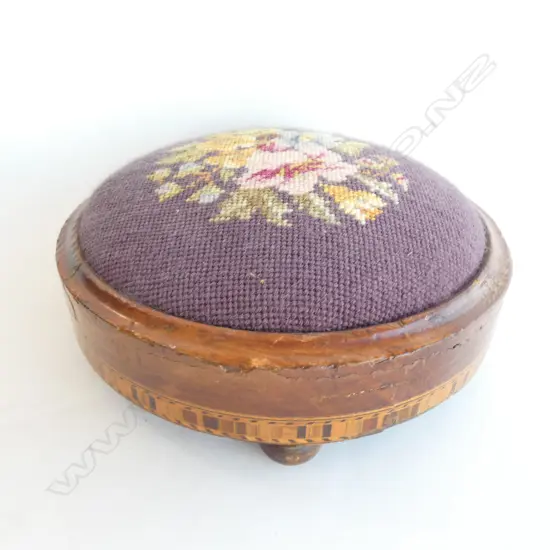 PURPLE TAPESTRY FOOTSTOOL, MARQUETRY BASE, DIA. 270MM