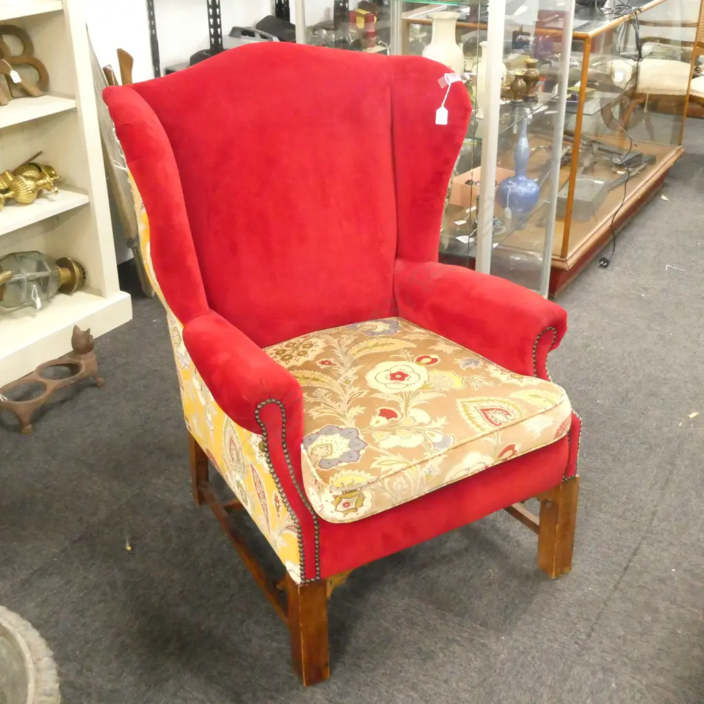 RED UPHOLSTERED WING BACK ARM CHAIR  Image 1++