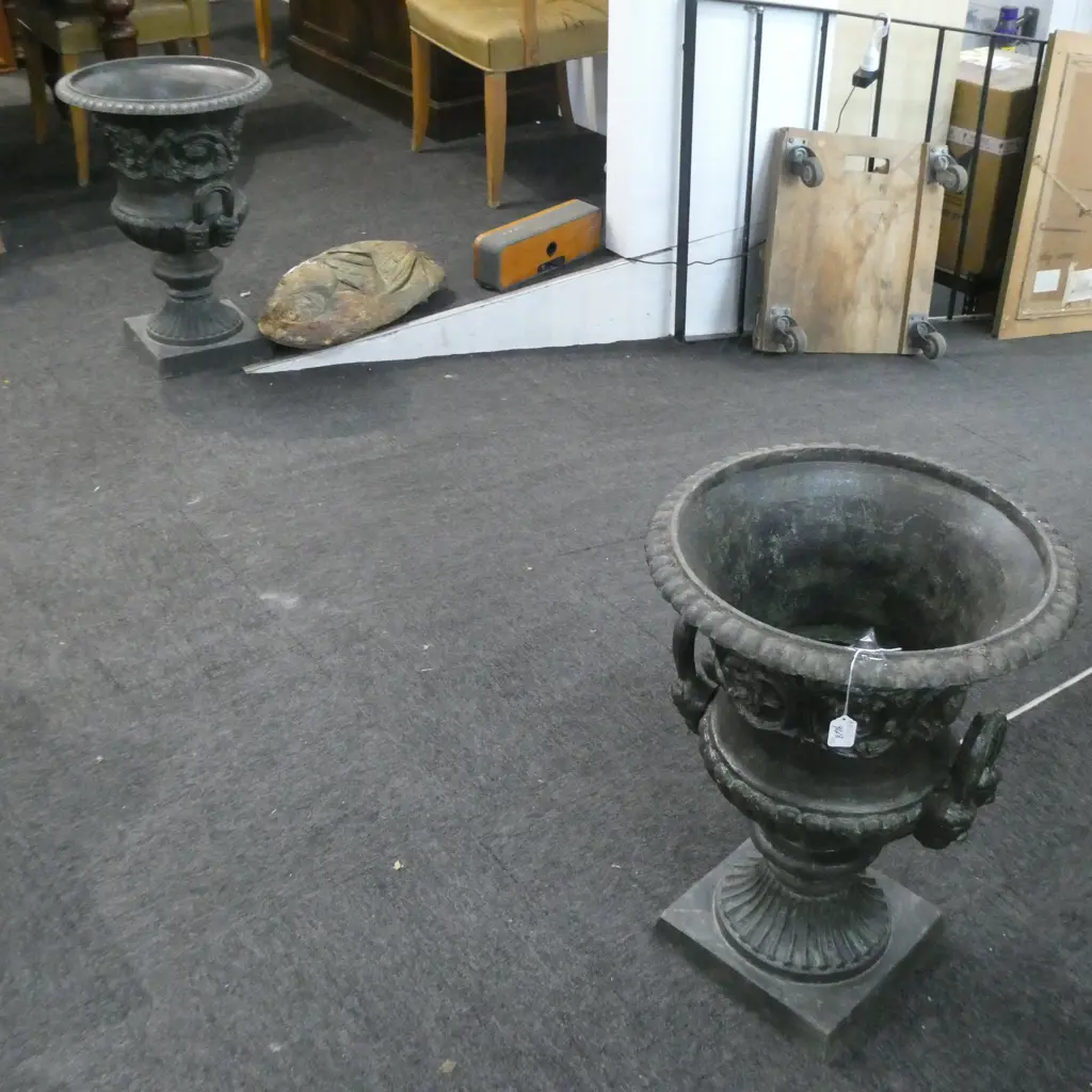 PAIR CAST IRON GARDEN URNS VERDI GRIS FINISH Image 1++
