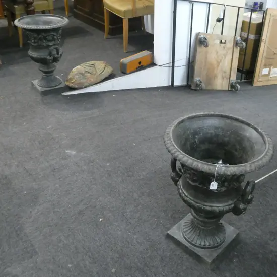PAIR CAST IRON GARDEN URNS VERDI GRIS FINISH